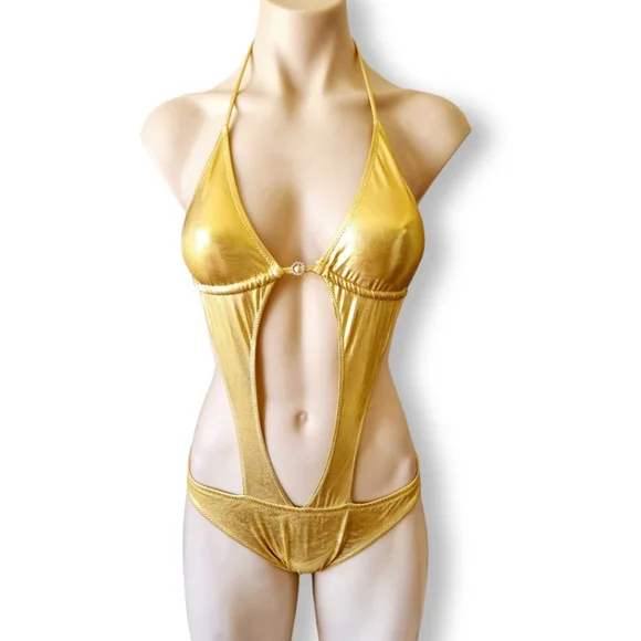 Metallic gold, one piece/monokini swimsuit or bodysuit with rhinestones/diamonte - Picture 6 of 9